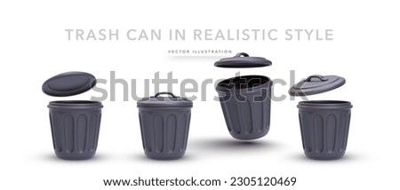 Set of 3d realistic black trash can with shadow on white background. Vector illustration