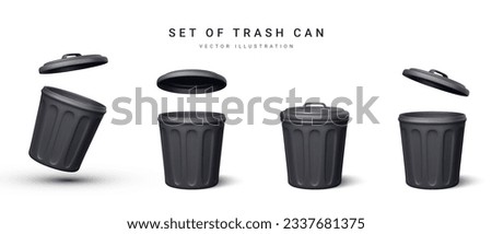 Set of 3d realistic black trash can on white background. Vector illustration