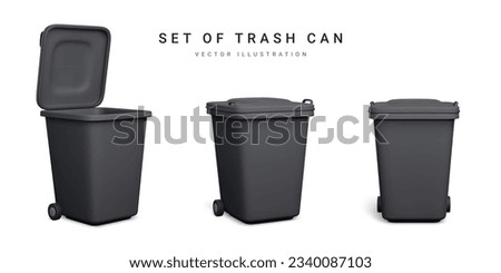 Set of 3d realistic black trash cans isolated on white background. Vector illustration