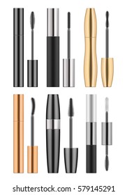 Set of 3d realistic blank template of black, golden and silver metallic tubes with mascara and different types of brush. Container of cosmetic product for eye beauty. Vector illustration on white.