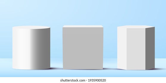 Conjunto de pedestales de podiums blancos realistas 3D en blanco en plataforma de escenario azul claro. Se puede utilizar para exhibición, exhibición, producto, etc. Vector ilustrativo