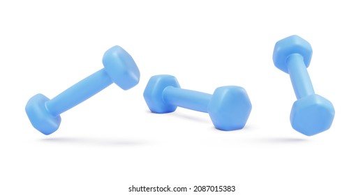Set of 3d realistic blue dumbbells isolated on white background. Vector illustration