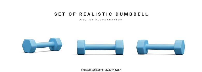 Set of 3d realistic blue dumbbells isolated on white background. Vector illustration