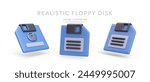 Set of 3d realistic blue floppy disks isolated on white background. Vector illustration