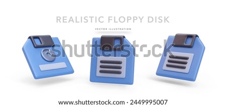 Set of 3d realistic blue floppy disks isolated on white background. Vector illustration