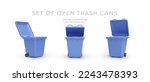 Set of 3d realistic blue open trash cans with shadow isolated on white background. Vector illustration