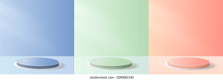 Set of 3D realistic blue, orange, and green color pastel podium backdrop for display product. Minimal style concept. Vector illustration