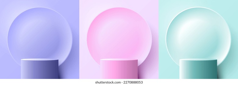 Conjunto de podio de 3D realistas en tonos azul, rosa y verde pastel con círculos formas de elementos emboscados con un fondo de estilo mínimo. Se puede usar en habitación de estudio, publicidad de burla, sala de exposición, escaparate. Vector