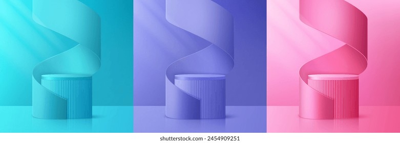 Set of 3D realistic blue, pink and violet podium, pedestal with paper swirl flow. Product display for cosmetic presentation.
