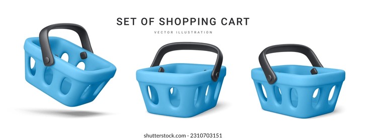 Set of 3d realistic blue plastic shopping cart isolated on white background. Vector illustration