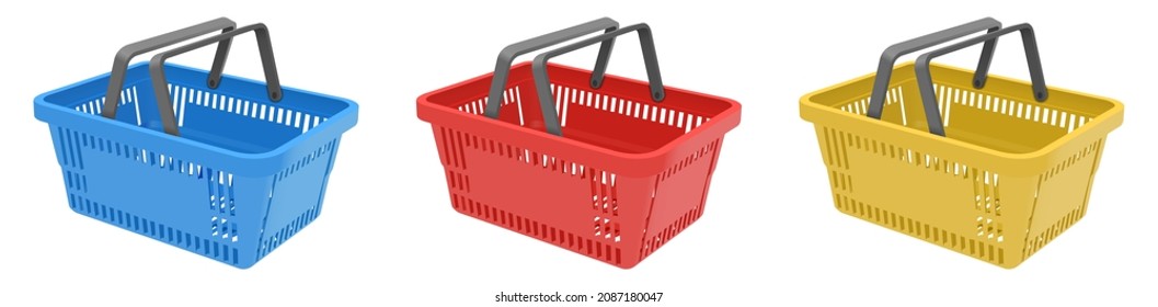 Set of 3d realistic blue, red and yellow plastic shopping cart isolated on white background. Vector illustration EPS 10.