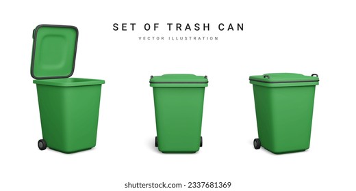 Set of 3d realistic blue trash cans isolated on white background. Vector illustration