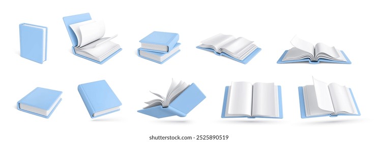 Conjunto de libros realistas 3d aislados sobre fondo blanco. Iconos de libro 3D. Ilustración vectorial