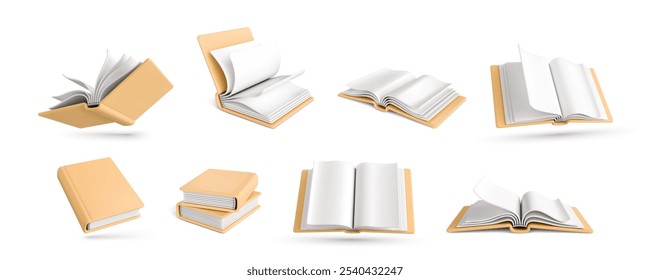 Set of 3d realistic books isolated on white background. 3D book icons. Vector illustration