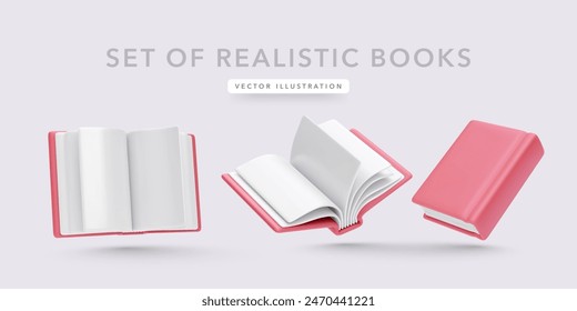 Conjunto de libros realistas 3d con sombra aislada sobre fondo claro. Ilustración vectorial