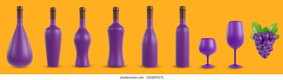 Set 3d realistic bottles for wine, or alcohol various shape with wineglass and grape in cartoon minimal style. Collection modern design art elements isolated on color background. Vector illustration. 