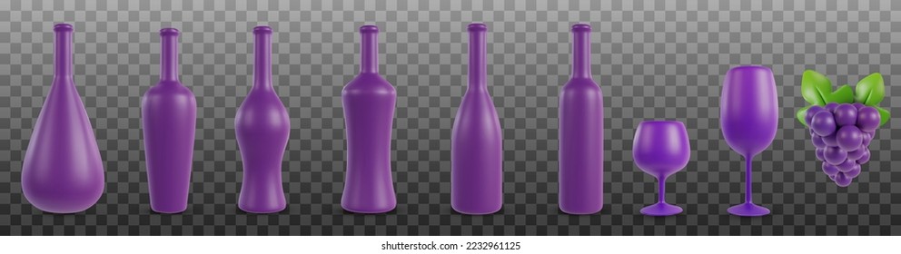 Set 3d realistic bottles for wine, or alcohol various shape with wine glass and grape in cartoon minimal style. Trendy design art elements isolated on transparent background. Vector illustration. 