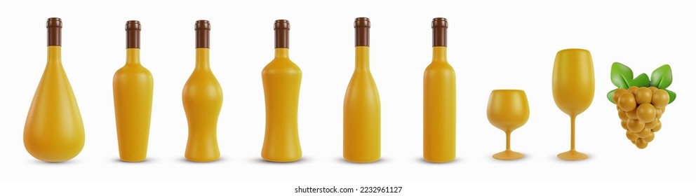 Set 3d realistic bottles for wine, or alcohol various shape with wineglass and grape in cartoon minimal style. Collection modern design art elements isolated on white background. Vector illustration. 