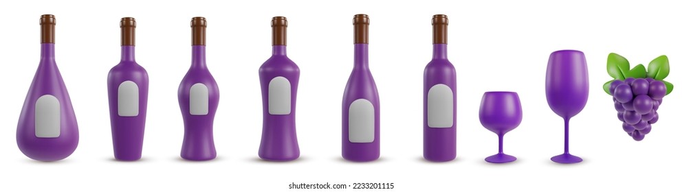 Set 3d realistic bottles for wine, or alcohol various shape with wineglass and grape in cartoon minimal style. Collection modern design art elements isolated on white background. Vector illustration. 