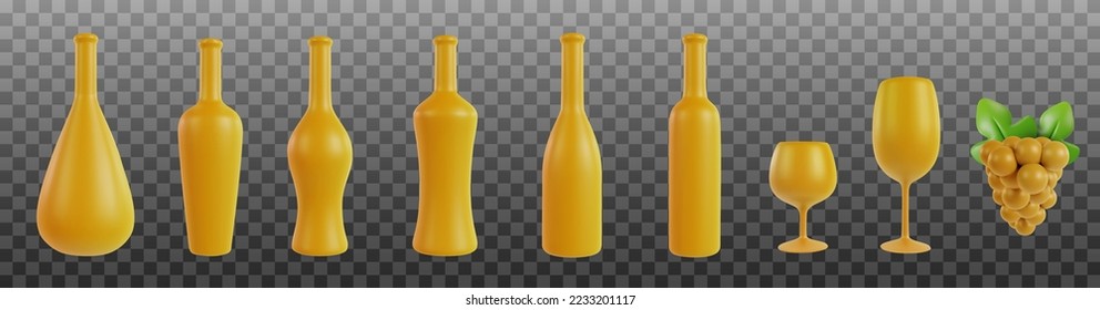 3d realistische Flaschen für Wein oder Alkohol verschiedene Formen mit Weinglas und Traube in minimalem Stil Cartoon. Trendy Design-Kunstelemente einzeln auf transparentem Hintergrund. Vektorgrafik. 