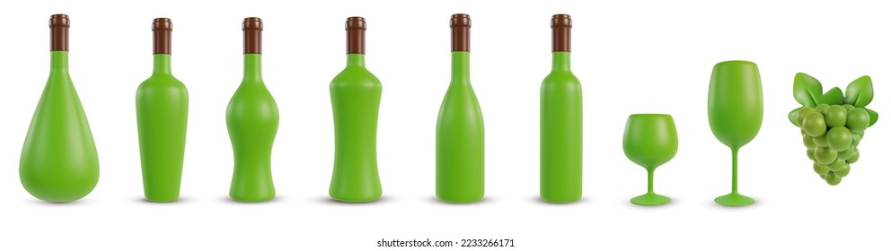 Fijar botellas 3d realistas para el vino, o alcohol de varias formas con la copa de vino y uva en dibujos animados de estilo mínimo. Colección de elementos artísticos de diseño moderno aislados en un fondo blanco. Ilustración vectorial. 
