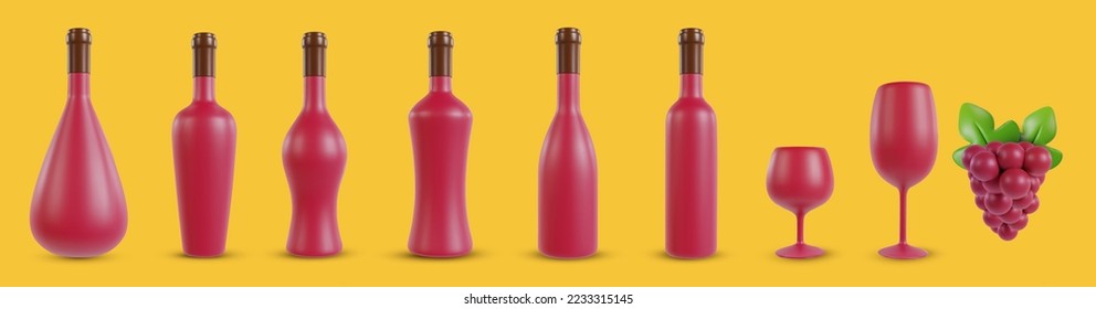 Fijar botellas 3d realistas para el vino, o alcohol de varias formas con la copa de vino y uva en dibujos animados de estilo mínimo. Colección de elementos de arte de diseño moderno aislados en el fondo de color. Ilustración vectorial. 