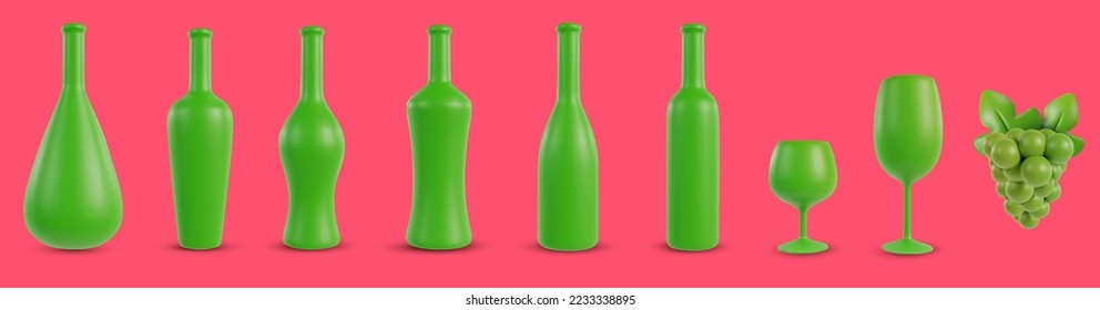Set 3d realistic bottles for wine, or alcohol various shape with wineglass and grape in cartoon minimal style. Collection modern design art elements isolated on color background. Vector illustration. 