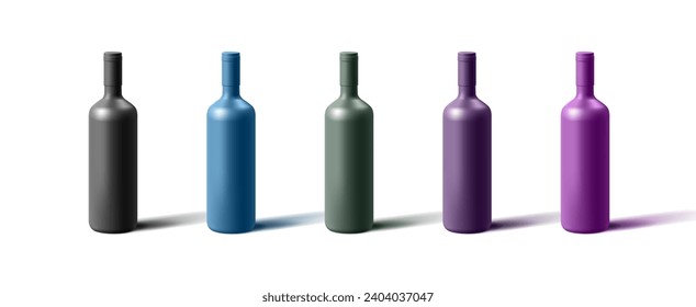 Set 3d realistic bottles of wine, different dark monochrome colours, wrapped glass bottle