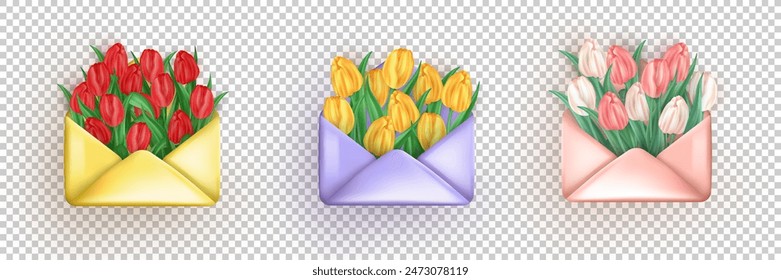 Conjunto de ramo realista 3d de tulipanes rosas y blancos dentro de sobres brillantes abiertos aislados sobre fondo transparente. Letras tridimensionales con flores de primavera como decoración para tarjeta de felicitación