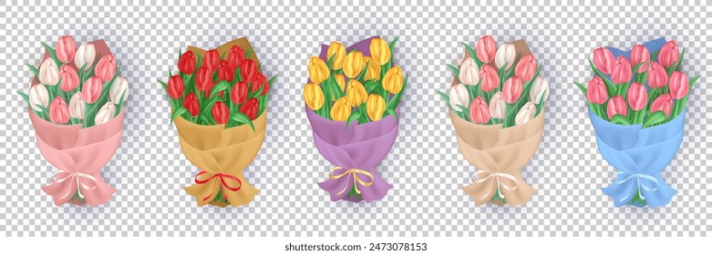 Conjunto de ramos realistas 3d de tulipanes coloridos envueltos en papel artesanal y atados con lazo de seda. Manojo tridimensional de flores de primavera como regalo de celebración aislado en fondo transparente