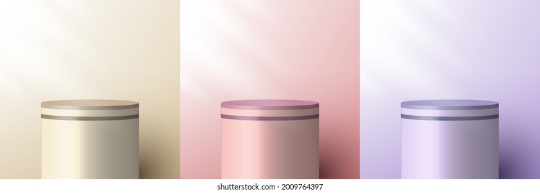 Set of 3D realistic brown beige, pink, purple pedestal backdrop for product display. Cylinder podium or platform in studio lighting background. Museum showcase concept. Vector illustration