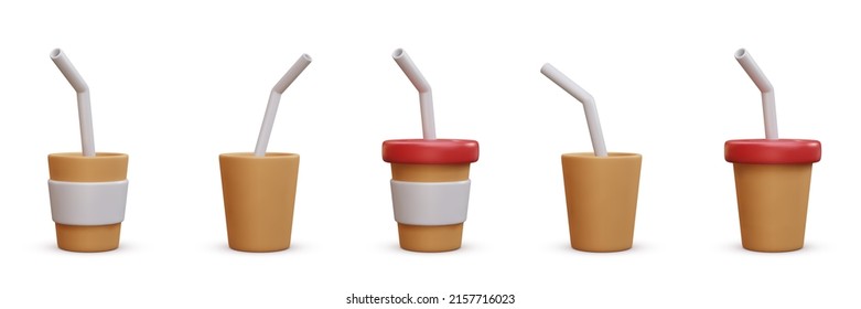 Set of 3d realistic brown coffee cups isolated on white background. Vector illustration