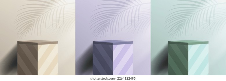 Set of 3D realistic brown, purple, green podium platform pedestal stand cube shape display diagonal stripes lines pattern with palm leaves shadow and lighting minimal wall scene background. Studio