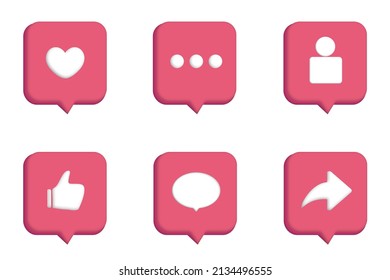 Set Of 3d Realistic Bubbles With Social Media And Digital Marketing  Notification Icons. Follow, Comment, Like, Share, Thumbs, Love Icon In Dialog, Chat, Speech Bubble Collection For Social Network.