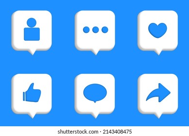 Conjunto de burbujas 3d realistas con iconos de notificación de medios sociales y marketing digital. Sigue, comenta, como, comparte, pulgares, icono de amor en el diálogo, chat, colección de burbujas de voz para las redes sociales.