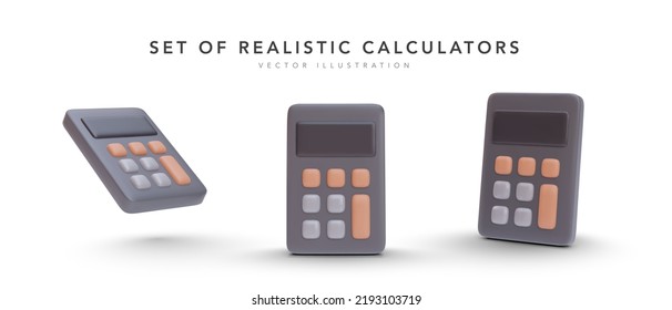 Set of 3d realistic calculator in different position isolated on white background. Vector illustration 