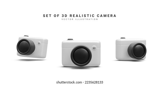 Set of 3d realistic camera isolated on white background. Vector illustration