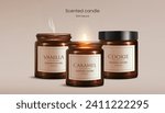 Set of 3D realistic candles encased in brown glass, with a warm glow and delicate smoke. These scented candle mockups are ideal for crafting a vibrant, romantic, and celebratory ambiance. Not AI
