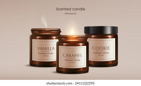 Set of 3D realistic candles encased in brown glass, with a warm glow and delicate smoke. These scented candle mockups are ideal for crafting a vibrant, romantic, and celebratory ambiance. Not AI