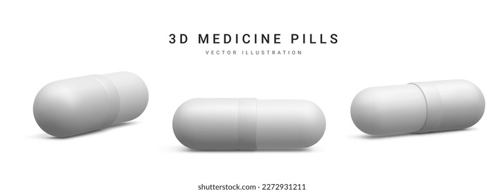 Set of 3d realistic capsule pills isolated on white background. Medicine and drugs. Vector illustration