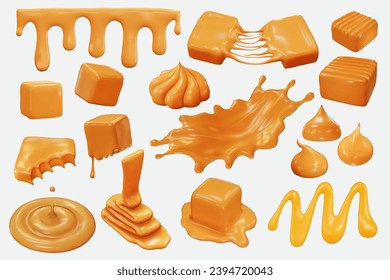 Set of 3d realistic caramel liquid splash  on white background vector
