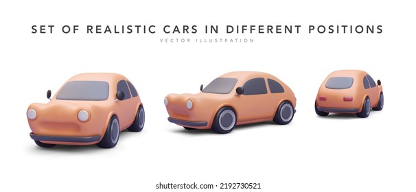 Set of 3d realistic cars in different position with shadow isolated on white background. Vector illustration 