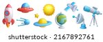 Set of 3d realistic cartoon space elements. Rocket, ufo, satellite, star, planet, sun, globe, radar, telescope. Collection glossy cute children objects in minimal style. Vector illustration.