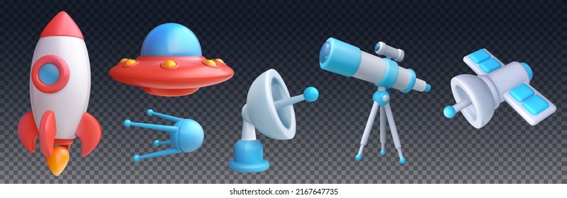 Set of 3d realistic cartoon technology space elements. Rocket, ufo, satellite, radar, telescope. Collection glossy cute children objects in minimal style for education. Modern vector illustration.