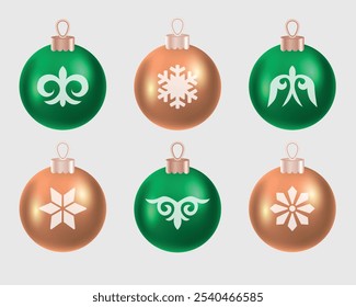 Conjunto de bolas de Natal realistas 3D em cor verde com ornamento nacional de cazaque. Bola de Natal realista. Feliz ano novo modelo de decoração. Ilustração vetorial.