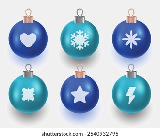 Conjunto de bolas de Navidad realistas en 3D. Bola de vacaciones de Navidad realista. Feliz año nuevo Plantilla de decoración. Ilustración vectorial.