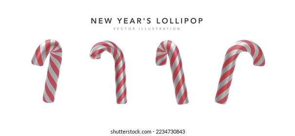 Set of 3d realistic Christmas candy cane isolated on white background. Christmas decorations. Vector illustration