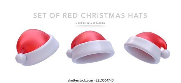 Set of 3d realistic Christmas hat isolated on white background. Vector illustration