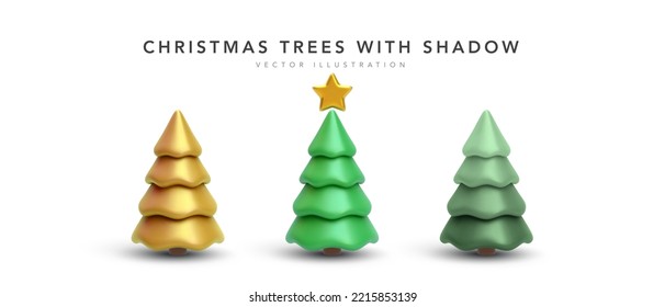 Set of 3d realistic Christmas tree with shadow isolated on white background. Vector illustration