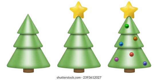 Set of 3d realistic Christmas tree with shadow isolated on white background. Vector illustration. Eps 10.